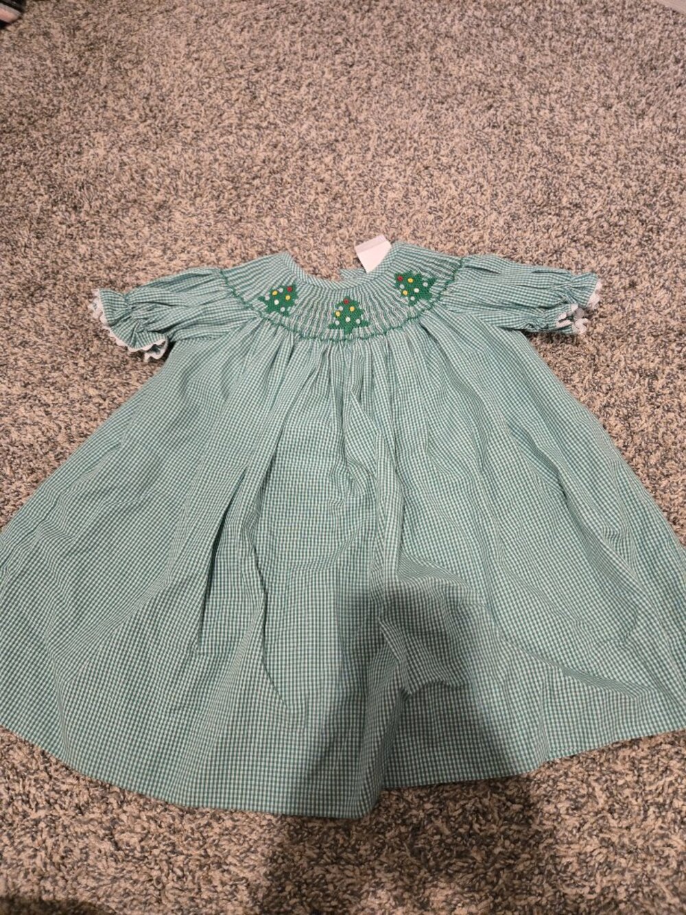 Stitchy Fish Smocked Christmas Dress Green Trees 12M